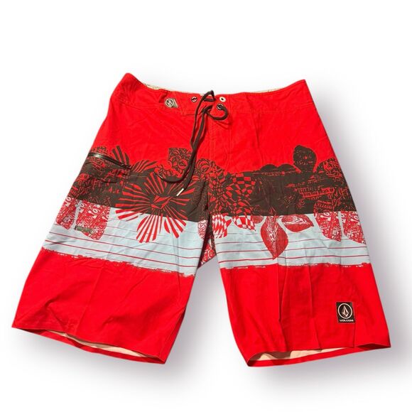 Volcom Red Board Shorts Size 33" Swim Trunks Retro‎ Abstract Y2K Swim Trunks - Picture 1 of 4